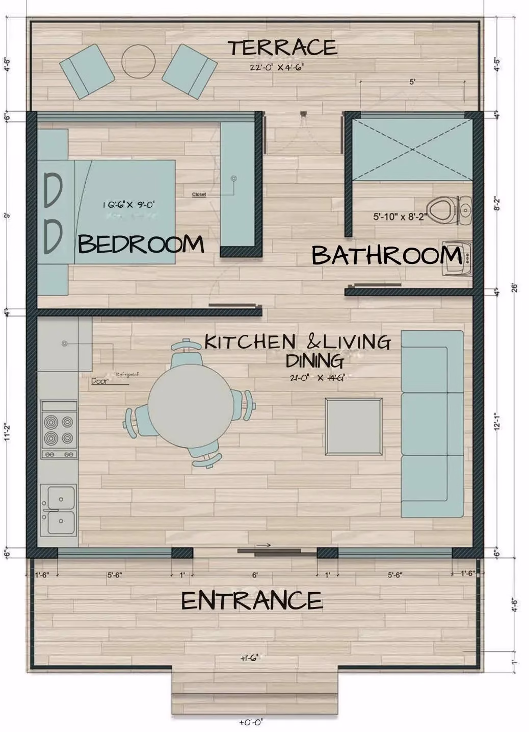 20’x26’ Tiny Cabin House Plan (PDF) – 2 Bedroom Small Cabin Blueprint / Plan Code 10042 - Image 3